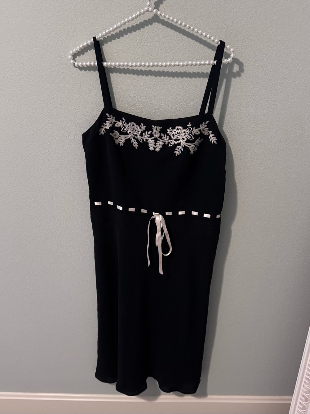 LOFT Black Mini Dress with White Floral Embroidery 100% Silk